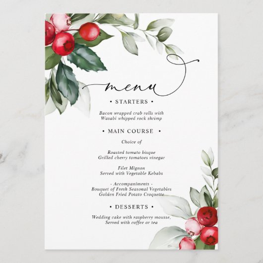 Menu Mariage Christmas Greenery & Red Berries (Devant)