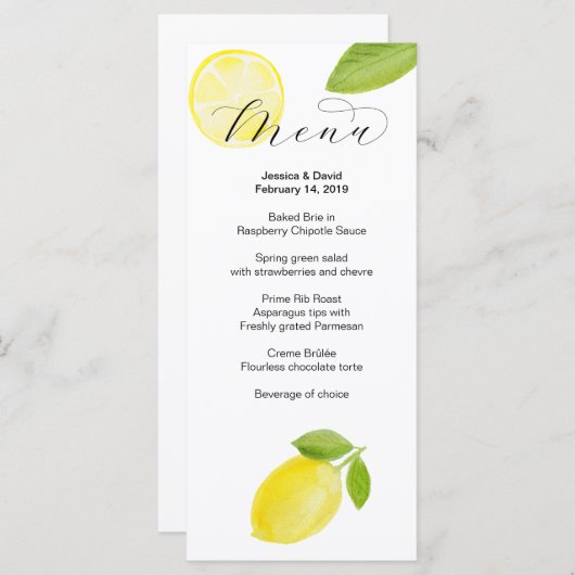 Menu Mariage citron aquarelle (Devant / Derrière)