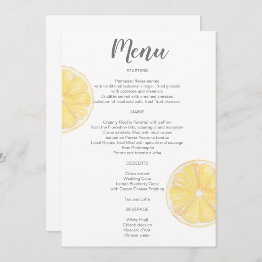 Menu Mariage citron aquarelle (Devant / Derrière)