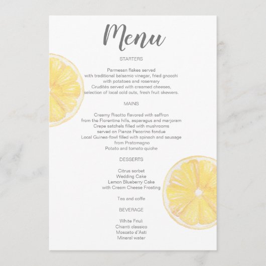 Menu Mariage citron aquarelle (Devant)