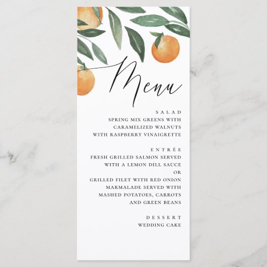Menu Mariage Citron Aquarelle | Orange Script Élégant (Devant)