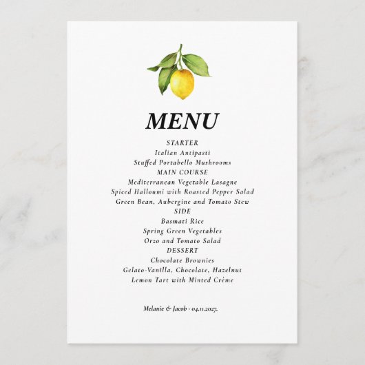 Menu Mariage citron jaune (Devant)