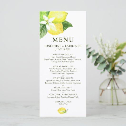 Menu Mariage citrons d'aquarelle (Debout devant)