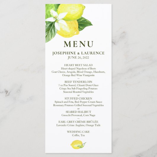 Menu Mariage citrons d'aquarelle (Devant)