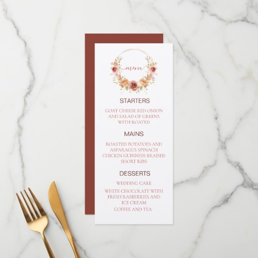 menu mariage citrouille floral papier kraft d'auto (Devant/Arrière en situation)