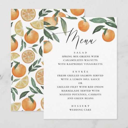 Menu Mariage Citrus Orange | Calligraphie Botanique (Devant / Derrière)