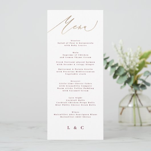 Menu Mariage classique de calligraphie rouge foncé prun (Debout devant)
