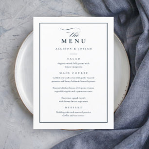 Menu Mariage Classique Élégant Bleu Nuit et Blanc