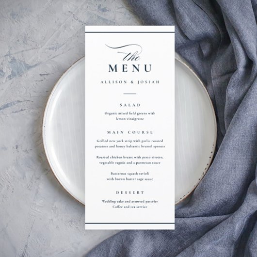 Menu Mariage Classique Élégant Bleu Nuit et Blanc