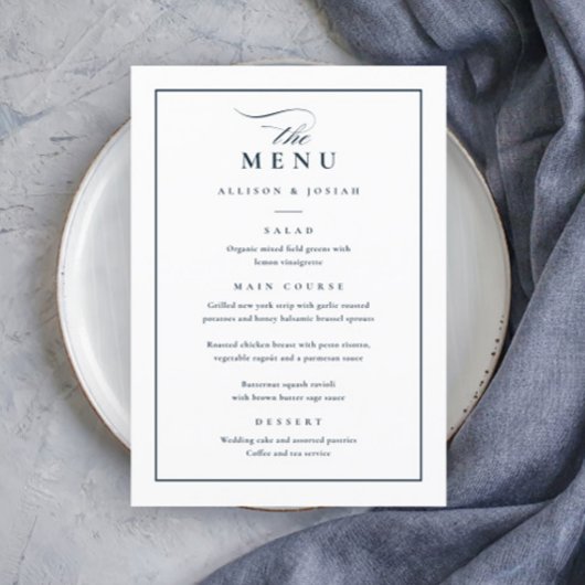 Menu Mariage Classique Élégant Bleu Nuit et Blanc