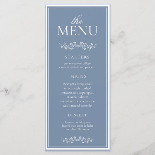 Menu Mariage Classique Élégant Bleu Poussiéreux (Devant)