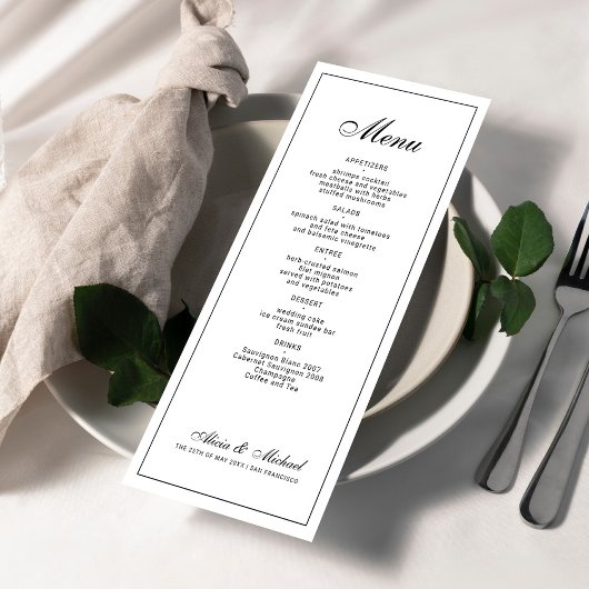 Menu Mariage classique élégant noir et blanc