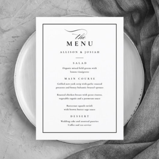 Menu Mariage Classique Élégant Noir et Blanc
