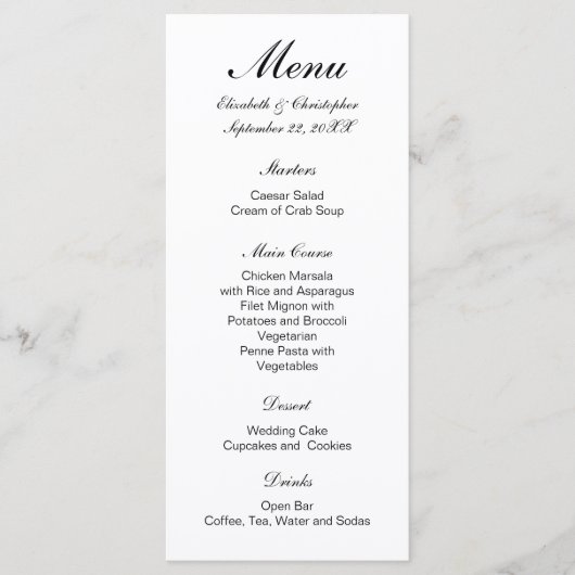 Menu Mariage Classique Formel Traditionnel Noir Blanc (Devant)