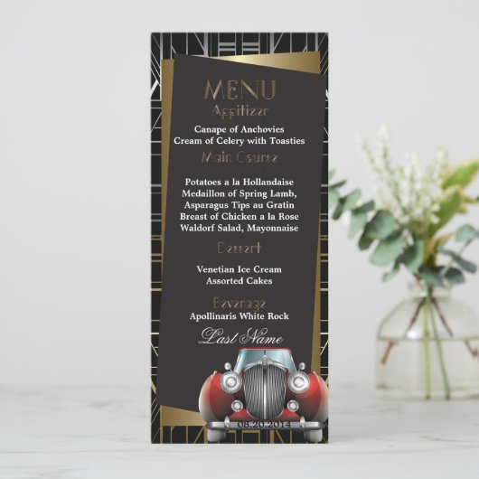 Menu Mariage classique Gatsby Deco Red Limo (Debout devant)