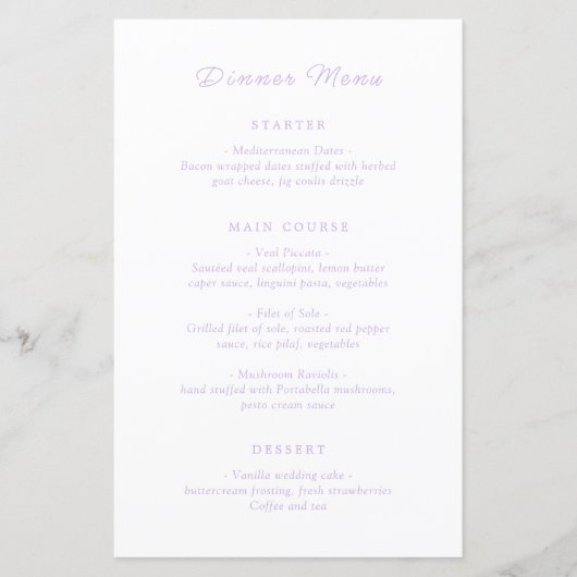 Menu Mariage classique Lilac intemporel (Devant)