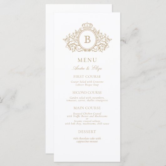 Menu Mariage classique Luxe Gold et White Monogram (Devant / Derrière)
