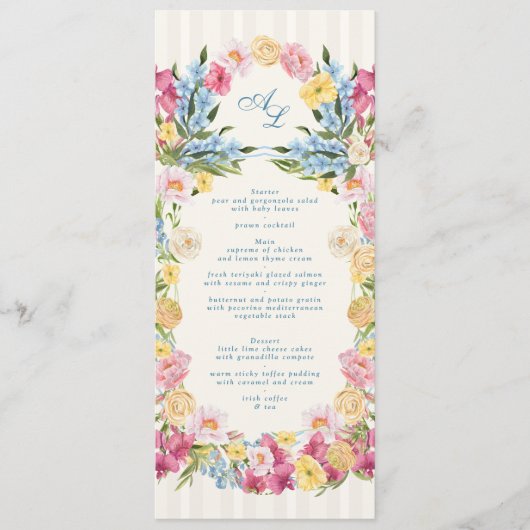 Menu Mariage Classique Monogramme Floral Bleu Français (Devant)