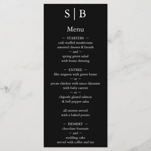 Menu Mariage Classique Monogramme Noir et Blanc (Devant)