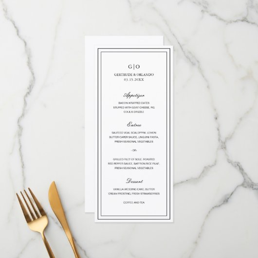 Menu Mariage classique noir et blanc élégant (Devant/Arrière en situation)