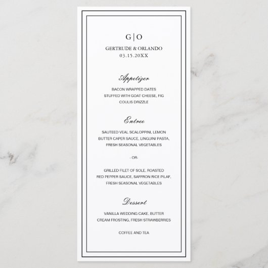 Menu Mariage classique noir et blanc élégant (Devant)