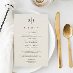 Menu Mariage classique noir et écrin Monogram<br><div class="desc">Partagez les détails de votre menu de réception de mariage dans un style élégant avec ces menus mariages monogrammes en écorce d'ivoire chaude avec vos initiales en lettres noires serif traditionnelles,  biscuits par une fine ligne verticale. Customisez l'en-tête et les éléments de menu disposés par cours.</div>