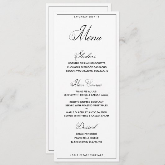 Menu Mariage classique - Script seulement Dîner (Devant / Derrière)