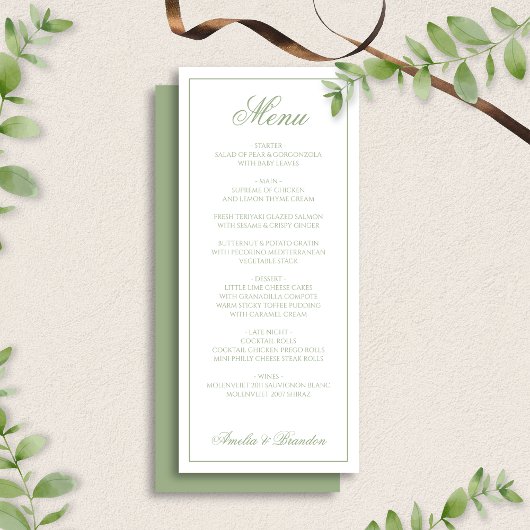Menu Mariage Classique Vert Sauge & Bordure Blanche Scr