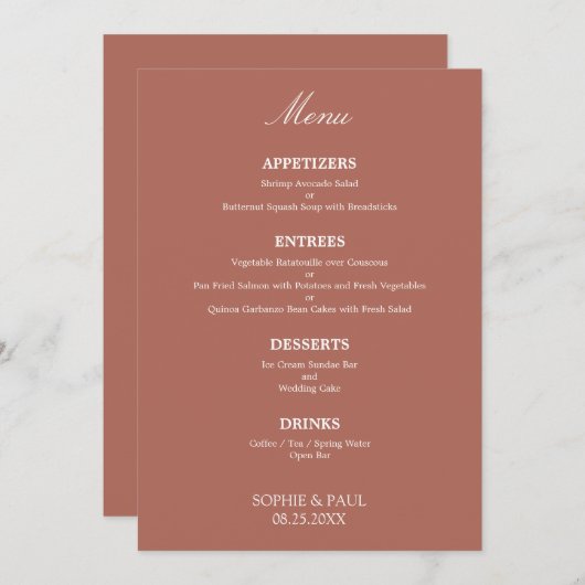 Menu Mariage Cocoa Sienna élégant (Devant / Derrière)