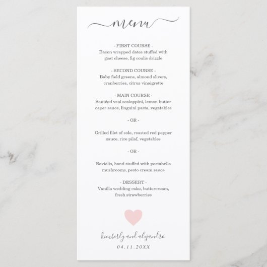 Menu Mariage Coeur rose mignon (Devant)