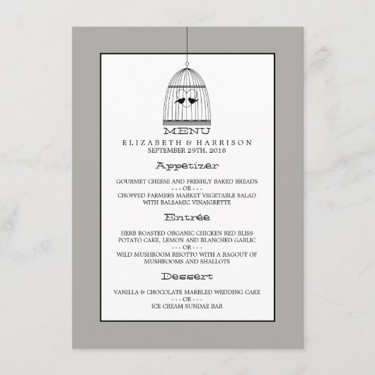 Menu Mariage Coeur vintage Birdcage (Devant)