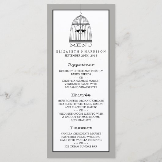 Menu Mariage Coeur vintage Birdcage (Devant)