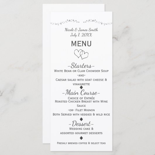 Menu Mariage Coeurs d'argent et Glamour étincelant (Devant / Derrière)