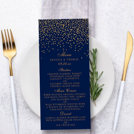 Menu Mariage Confetti bleu marine et or glam