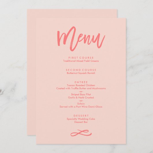 Menu Mariage Coral Lettré À La Main Chic (Devant / Derrière)