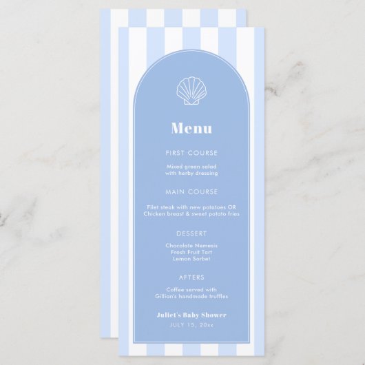 Menu Mariage Côtier Bleu Et Blanc Simple Clam Shell (Devant / Derrière)