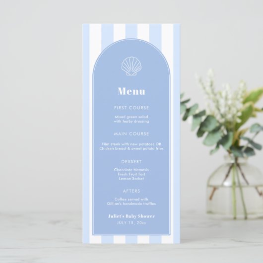 Menu Mariage Côtier Bleu Et Blanc Simple Clam Shell (Debout devant)