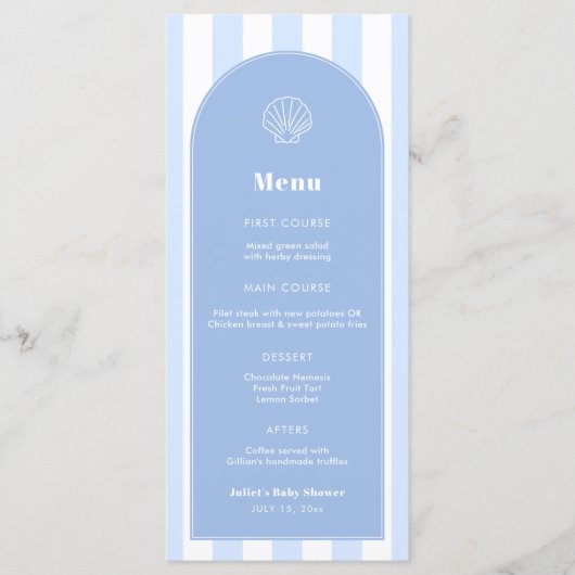 Menu Mariage Côtier Bleu Et Blanc Simple Clam Shell (Devant)