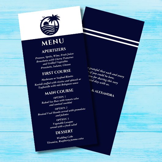 Menu Mariage côtier de la marine et du palmier blanc