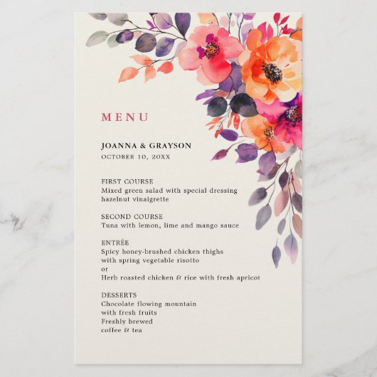Menu Mariage couleur orange rose vif (Devant)
