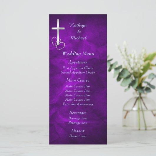 Menu Mariage Croix-Chrétienne d'Argent Violet (Debout devant)