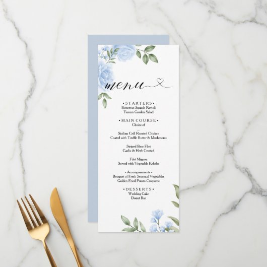 Menu Mariage CRYSTAL / Rose bleu Aquarelle Floral (Devant/Arrière en situation)