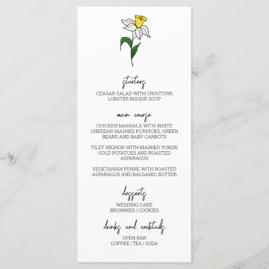 Menu Mariage Daffodique Minimaliste (Devant)