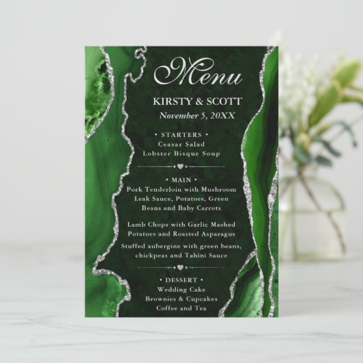 Menu Mariage d'agate de Parties scintillant verte et ar (Debout devant)