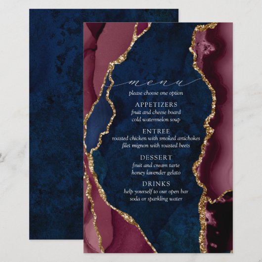 Menu Mariage d'agate Marine, Bourgogne et Or (Devant / Derrière)