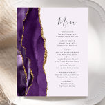 Menu Mariage d'âge d'or violet budget<br><div class="desc">Le bord gauche de cet élégant menu mariage moderne comporte une bordure d'aquarelle violette ornée d'une parties scintillant en faux or. Le texte personnalisable combine un script d'écriture manuscrite gris charbon et des polices de cuivre sur un arrière - plan violet clair. L'envers est assorti d'une agate violette et dorée....</div>