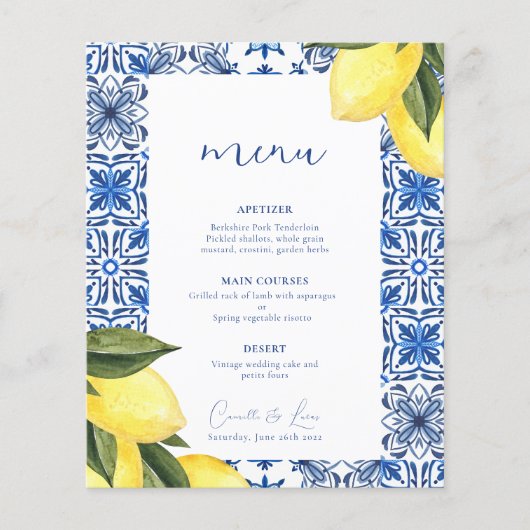 Menu mariage d'agrumes méditerranéens bleus (Devant)