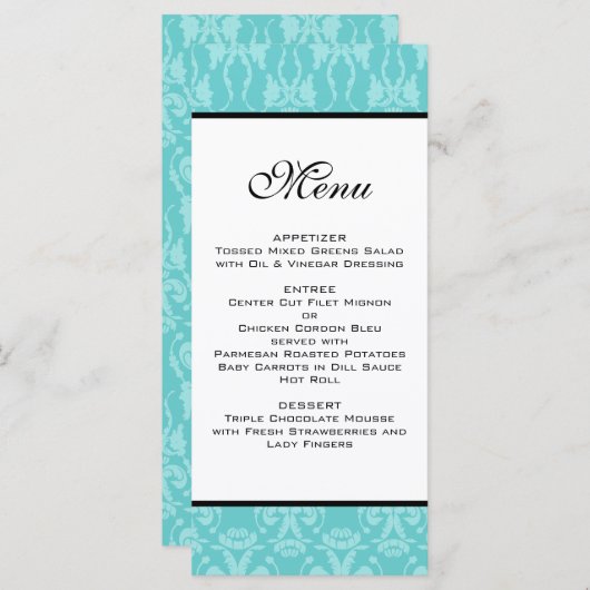Menu Mariage damassé turquoise (Devant / Derrière)