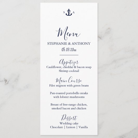 Menu Mariage d'Ancre bleu marine Monogram (Devant)