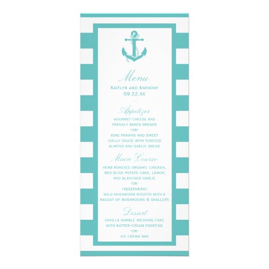 Menu Mariage d'Ancre en bande turquoise marine (Devant)